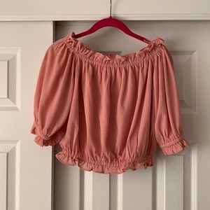Pink off the shoulder blousy scrunch crop top